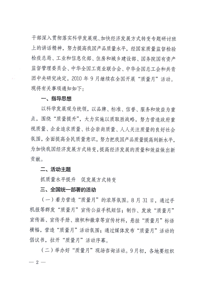 國家質(zhì)量監(jiān)督檢驗檢疫總局、工業(yè)和信息化部、住房和城鄉(xiāng)建設(shè)部、國務(wù)院國有資產(chǎn)監(jiān)督管理委員會、中華全國工商業(yè)聯(lián)合會、中華全國總工會、共青團中央《關(guān)于開展2010年全國“質(zhì)量月”活動的通知》
