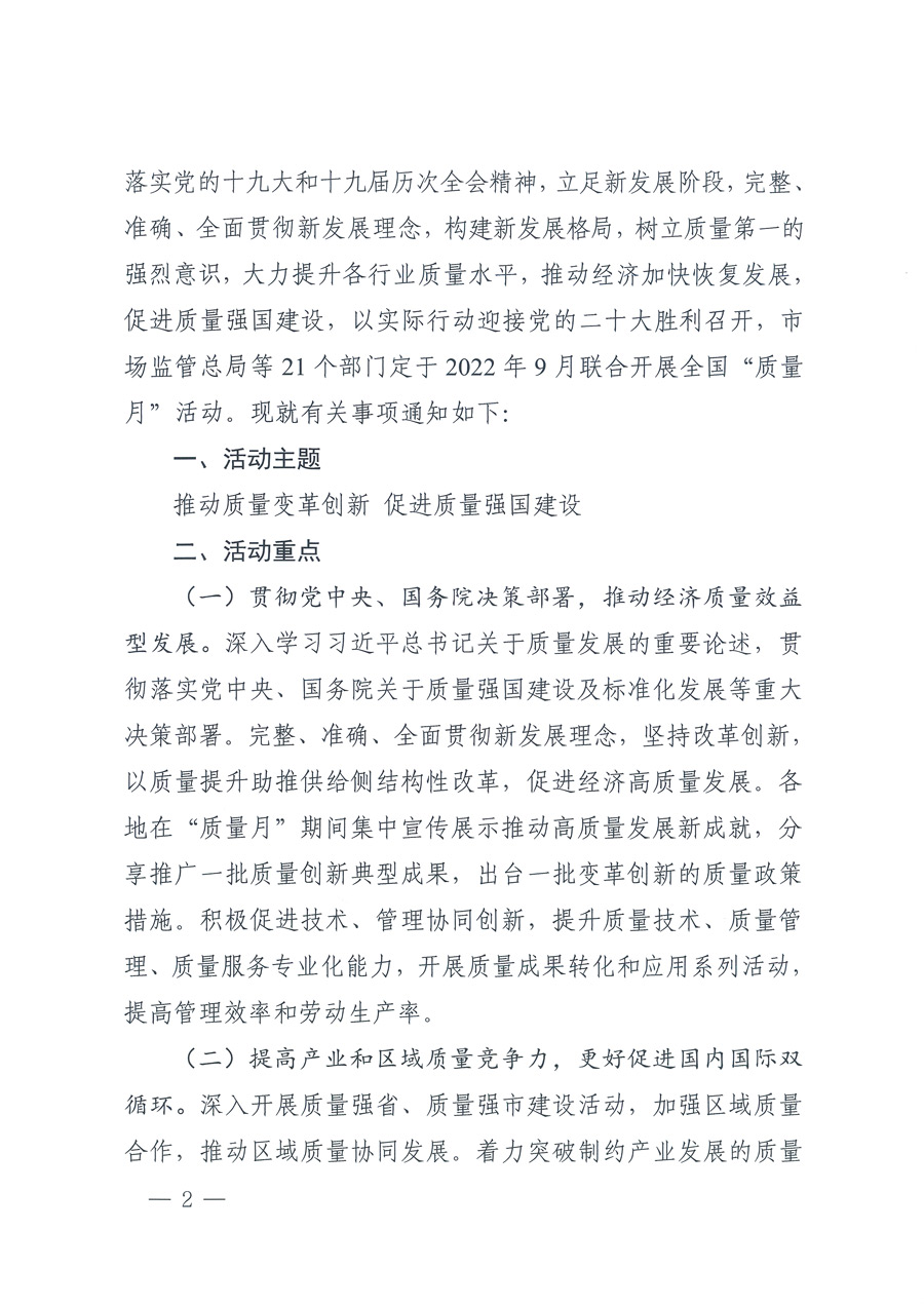 市場監(jiān)管總局等21個(gè)部委(部門)發(fā)文部署開展2022年全國“質(zhì)量月”活動(dòng)(國市監(jiān)質(zhì)發(fā)〔2022〕76號)